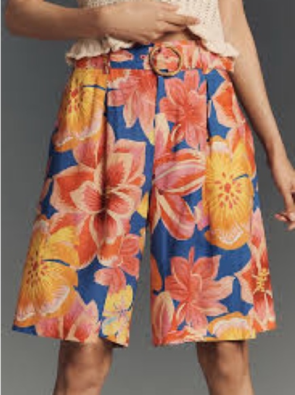 Farm Rio for Anthropologie Tropical Floral Belted Linen-Blend Bermuda Shorts - M